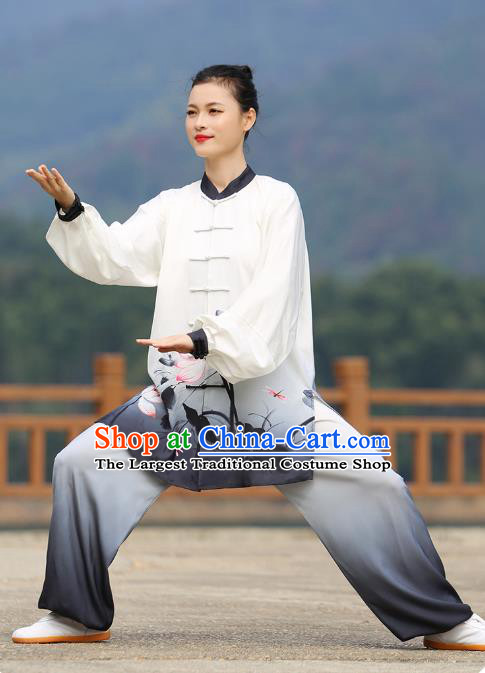 Chinese Kung Fu Printing Lotus Suits Tai Ji Chuan Gradient Black Outfits Tai Chi Group Performance Clothing Martial Arts Competition Garment