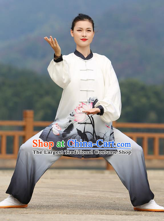 Chinese Kung Fu Printing Lotus Suits Tai Ji Chuan Gradient Black Outfits Tai Chi Group Performance Clothing Martial Arts Competition Garment
