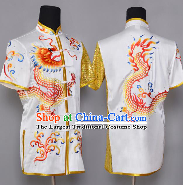 China Kung Fu Performance Suits Southern Boxing Garment Costumes Wushu Competition Embroidered Dragon White Uniforms Martial Arts Clothing