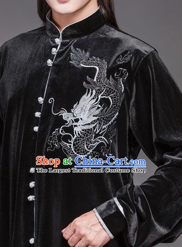 China Tai Chi Garment Costumes Wushu Training Uniforms Martial Arts Clothing Tai Ji Performance Embroidered Dragon Black Velvet Suits
