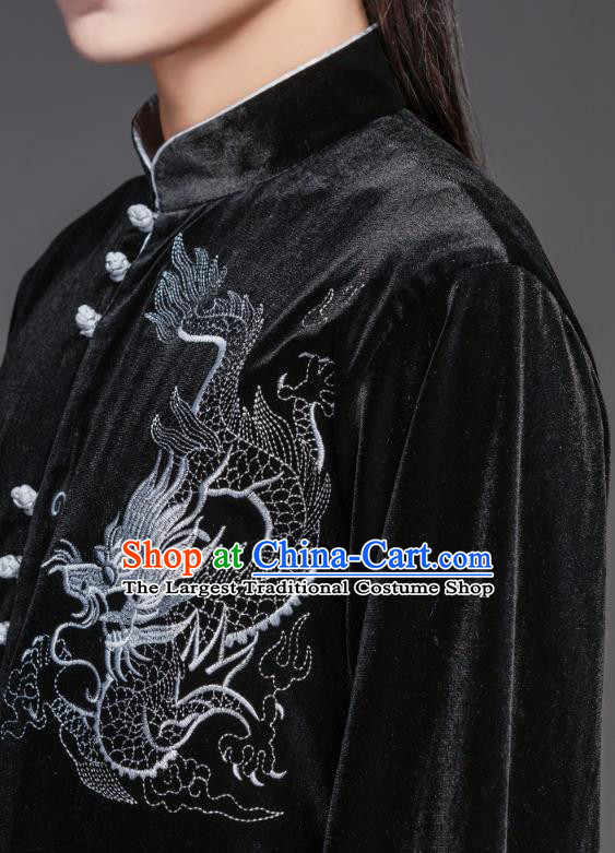China Tai Chi Garment Costumes Wushu Training Uniforms Martial Arts Clothing Tai Ji Performance Embroidered Dragon Black Velvet Suits