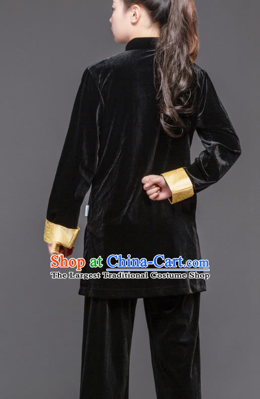Chinese Tai Ji Performance Black Pleuche Outfits Tai Chi Clothing Martial Arts Garment Kung Fu Competition Suits