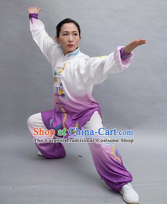 Chinese Tai Chi Performance Garment Costume Kung Fu Competition Suits Martial Arts Embroidered Phoenix Purple Outfits