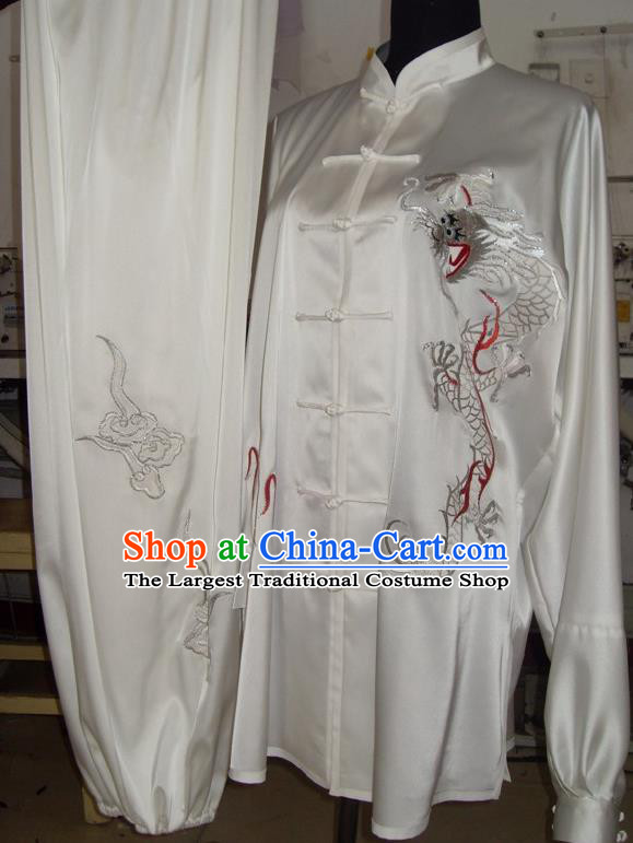 China Tai Chi Garment Costumes Nanquan Boxing Training Embroidered Dragon Suits Kung Fu Competition White Uniforms