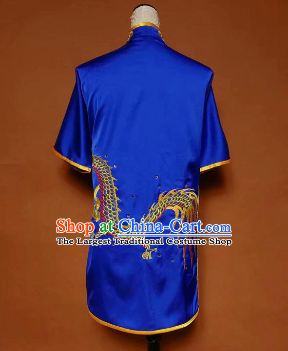 China Martial Arts Embroidered Dragon Garment Costumes Wu Shu Chang Boxing Suits Kung Fu Competition Royalblue Uniforms
