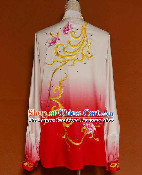 Chinese Kung Fu Tai Chi Performance Suits Martial Arts Embroidered Peony Red Outfits Wushu Competition Garment Costume