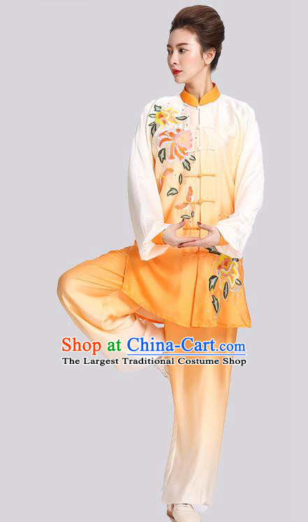 Chinese Tai Ji Training Clothing Tai Chi Kung Fu Gradient Orange Suits Martial Arts Competition Embroidered Peony Outfits