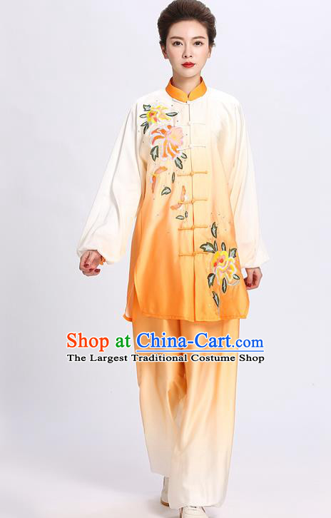 Chinese Tai Ji Training Clothing Tai Chi Kung Fu Gradient Orange Suits Martial Arts Competition Embroidered Peony Outfits