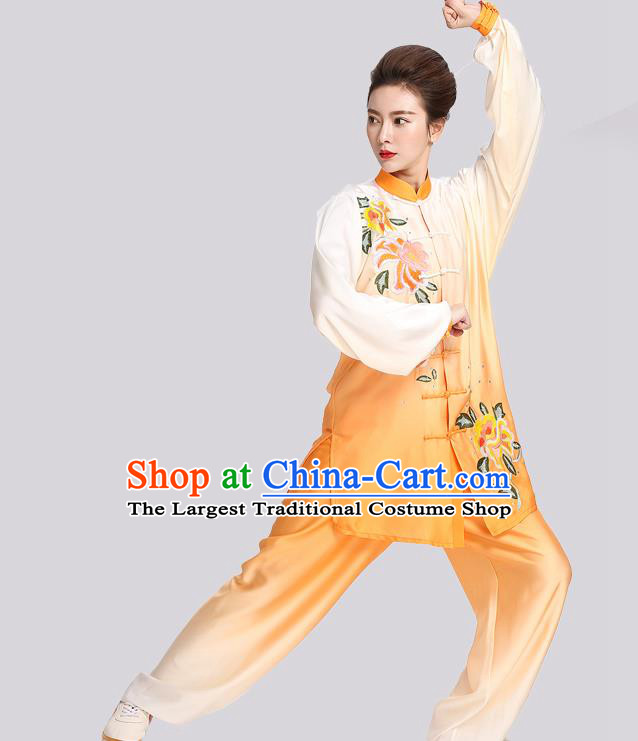 Chinese Tai Ji Training Clothing Tai Chi Kung Fu Gradient Orange Suits Martial Arts Competition Embroidered Peony Outfits