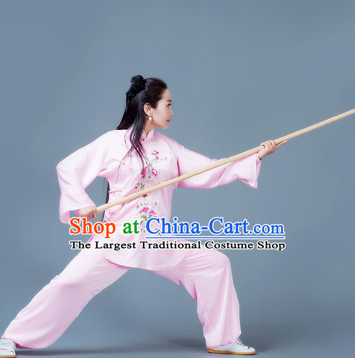 China Wushu Martial Arts Competition Suits Tai Chi Spear Training Embroidered Clothing Kung Fu Performance Pink Outfits