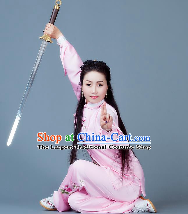 China Wushu Martial Arts Competition Suits Tai Chi Spear Training Embroidered Clothing Kung Fu Performance Pink Outfits