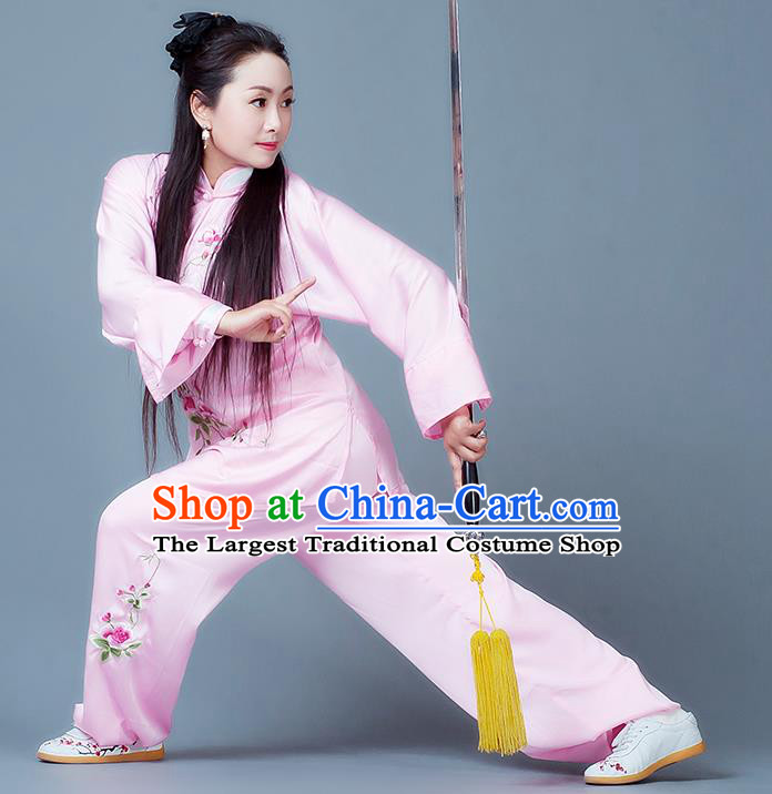 China Wushu Martial Arts Competition Suits Tai Chi Spear Training Embroidered Clothing Kung Fu Performance Pink Outfits