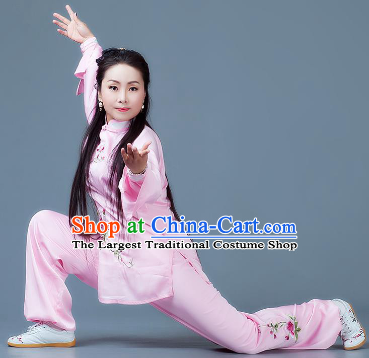 China Wushu Martial Arts Competition Suits Tai Chi Spear Training Embroidered Clothing Kung Fu Performance Pink Outfits