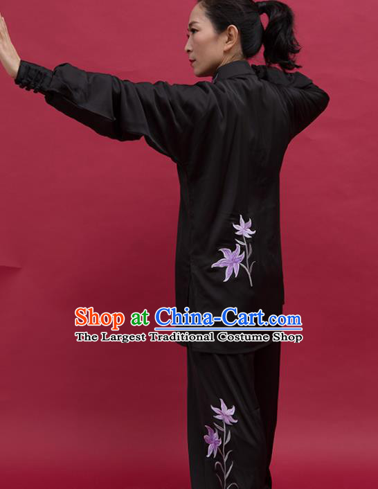China Kung Fu Performance Black Outfits Wushu Martial Arts Competition Suits Tai Chi Spear Training Embroidered Lily Flowers Clothing