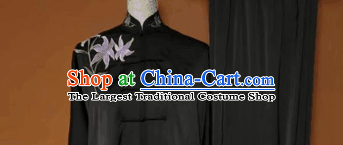 China Kung Fu Performance Black Outfits Wushu Martial Arts Competition Suits Tai Chi Spear Training Embroidered Lily Flowers Clothing