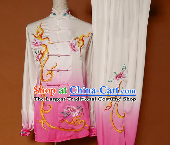 China Tai Chi Training Embroidered Peony Clothing Kung Fu Performance Rosy Outfits Martial Arts Tai Ji Competition Suits