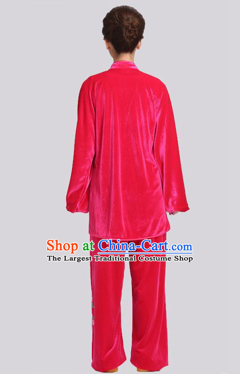 Chinese Kung Fu Tai Ji Training Clothing Tai Chi Competition Rosy Velvet Suits Martial Arts Embroidered Outfits