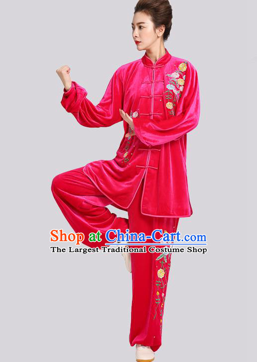 Chinese Martial Arts Embroidered Chrysanthemum Outfits Kung Fu Tai Ji Training Clothing Tai Chi Competition Rosy Velvet Suits