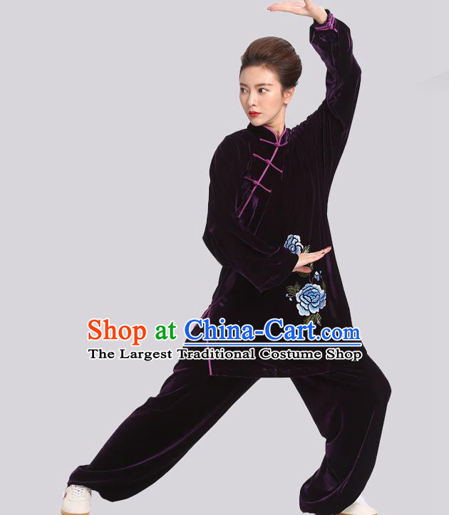 Chinese Tai Chi Competition Black Velvet Suits Martial Arts Embroidered Peony Outfits Kung Fu Tai Ji Training Clothing