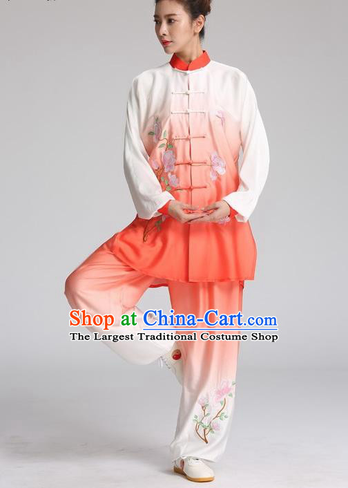 China Kung Fu Competition Outfits Martial Arts Tai Ji Performance Red Suits Tai Chi Training Embroidered Mangnolia Butterfly Clothing