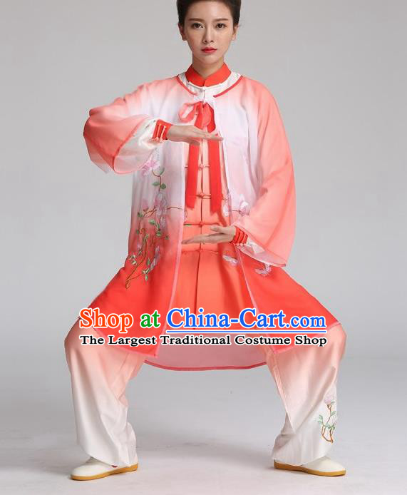 China Kung Fu Competition Outfits Martial Arts Tai Ji Performance Red Suits Tai Chi Training Embroidered Mangnolia Butterfly Clothing
