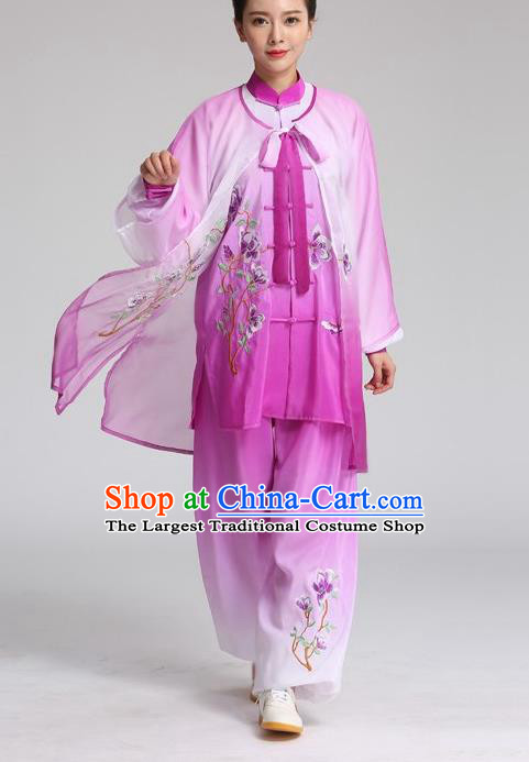 China Tai Chi Training Clothing Kung Fu Competition Outfits Martial Arts Tai Ji Embroidered Mangnolia Butterfly Purple Suits