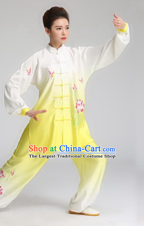 China Kung Fu Competition Outfits Martial Arts Tai Ji Embroidered Lotus Yellow Suits Tai Chi Training Clothing
