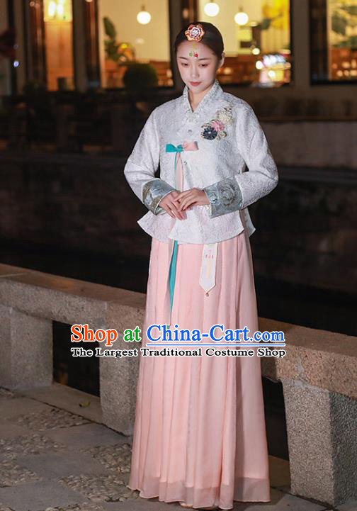 Traditional Korean Dress Ancient Korea Female Garment Costumes Asian Palace Princess White Blouse and Pink Dress Outfits