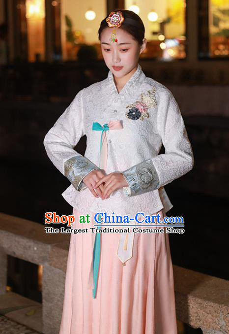 Traditional Korean Dress Ancient Korea Female Garment Costumes Asian Palace Princess White Blouse and Pink Dress Outfits