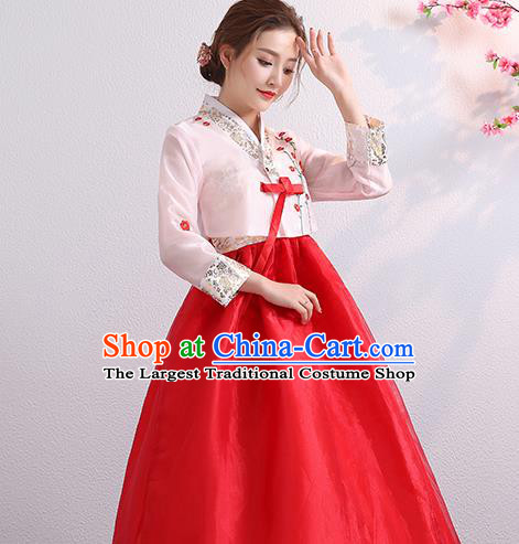Korean Palace Princess Embroidered Pink Blouse and Red Dress Traditional Wedding Outfits Asian Bride Dress Korea Ancient Court Garment Costumes