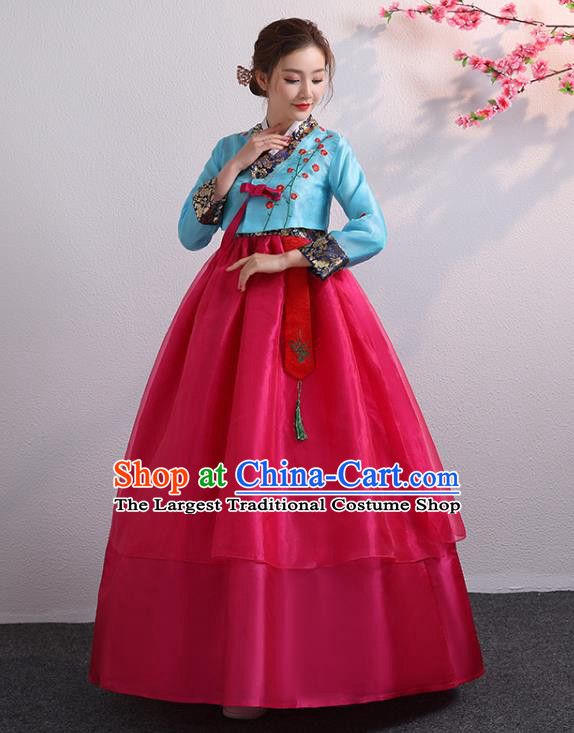 Korea Ancient Court Garment Costumes Korean Palace Princess Embroidered Blue Blouse and Rosy Dress Traditional Wedding Outfits Asian Bride Dress