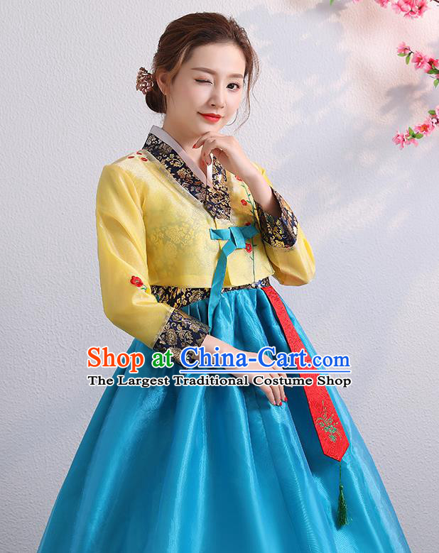 Asian Korea Bride Dress Ancient Court Garment Costumes Korean Palace Princess Embroidered Yellow Blouse and Blue Dress Traditional Wedding Outfits