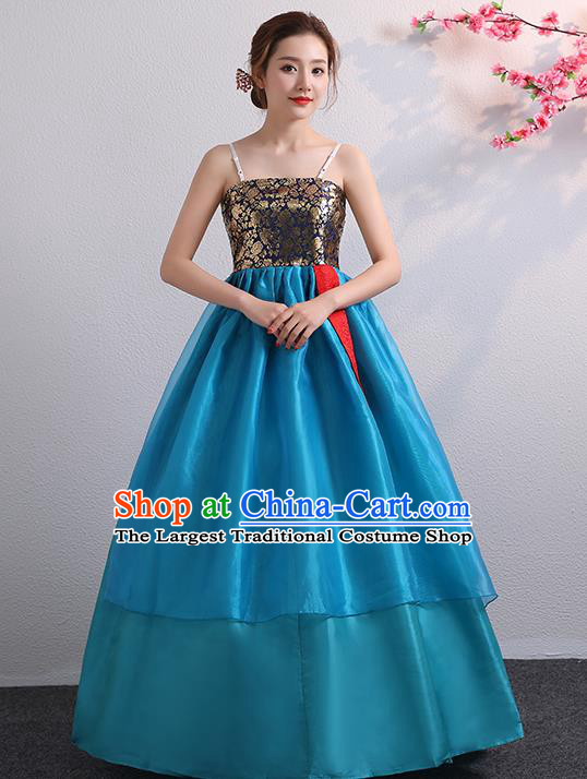Asian Korea Bride Dress Ancient Court Garment Costumes Korean Palace Princess Embroidered Yellow Blouse and Blue Dress Traditional Wedding Outfits