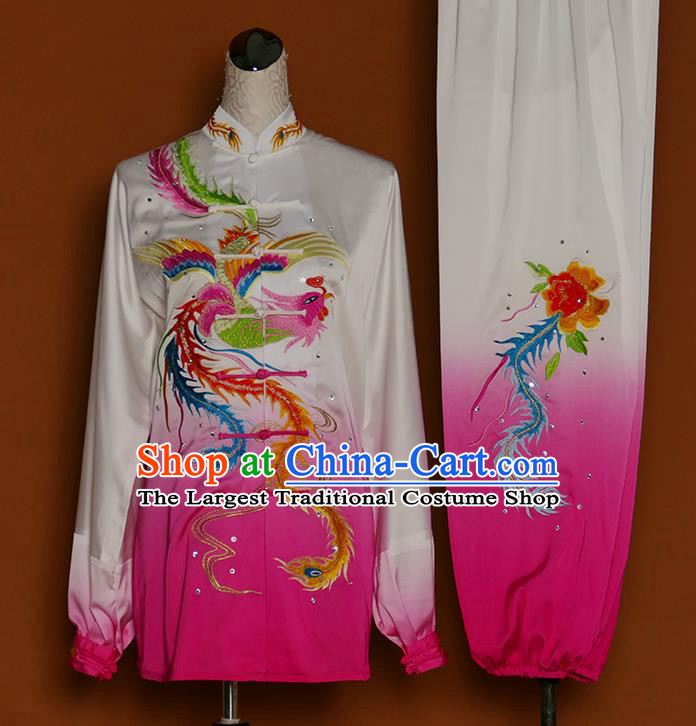 China Tai Chi Group Competition Gradient Rosy Outfits Tai Ji Training Suits Martial Arts Kung Fu Embroidered Phoenix Clothing