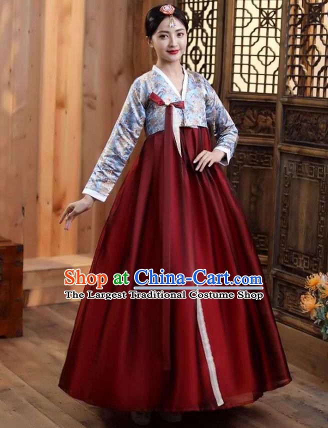 Korean Court Blue Blouse and Wine Red Dress Asian Korea Dance Outfits Traditional Wedding Dress Ancient Bride Garment Costumes