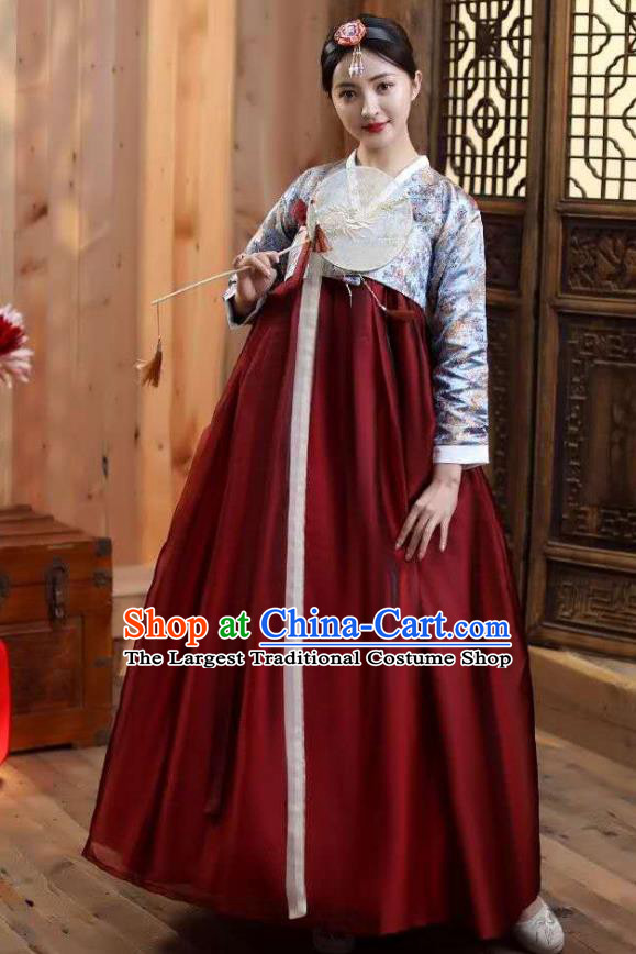 Korean Court Blue Blouse and Wine Red Dress Asian Korea Dance Outfits Traditional Wedding Dress Ancient Bride Garment Costumes