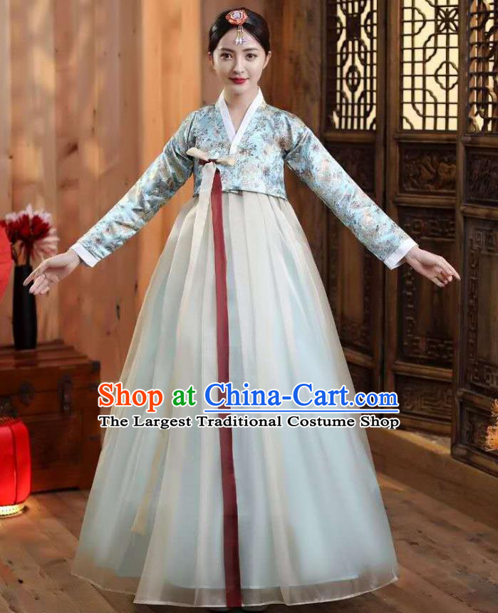 Korean Ancient Bride Garment Costumes Court Blue Blouse and Dress Asian Korea Dance Outfits Traditional Wedding Dress