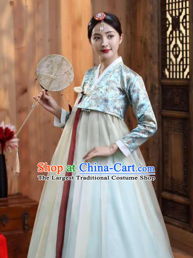 Korean Ancient Bride Garment Costumes Court Blue Blouse and Dress Asian Korea Dance Outfits Traditional Wedding Dress