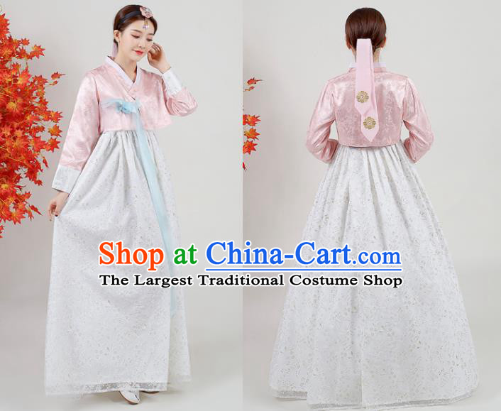Korean Court Hanbok Peach Pink Blouse and White Dress Asian Korea Classical Dance Outfits Traditional Wedding Dress Ancient Bride Garment Costumes