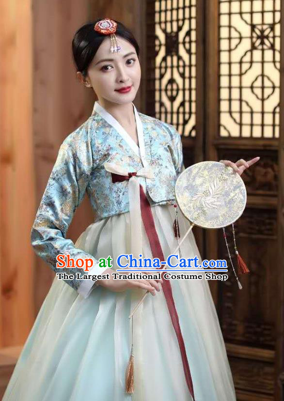 Korean Ancient Bride Garment Costumes Court Blue Blouse and Dress Asian Korea Dance Outfits Traditional Wedding Dress