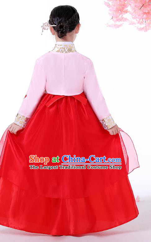 Korean Children Performance Garment Costumes Asian Traditional Hanbok Clothing Korea Girl Birthday Embroidered Pink Blouse and Red Dress