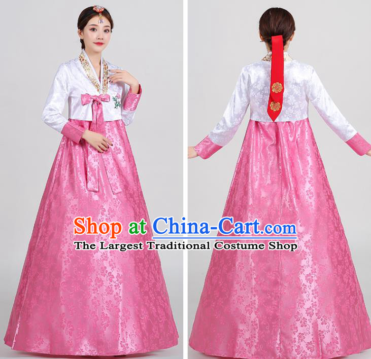 Korean Dance Clothing Ancient Court Garment Costumes Asian Korea Embroidered White Blouse and Rosy Dress Traditional Wedding Hanbok Uniforms