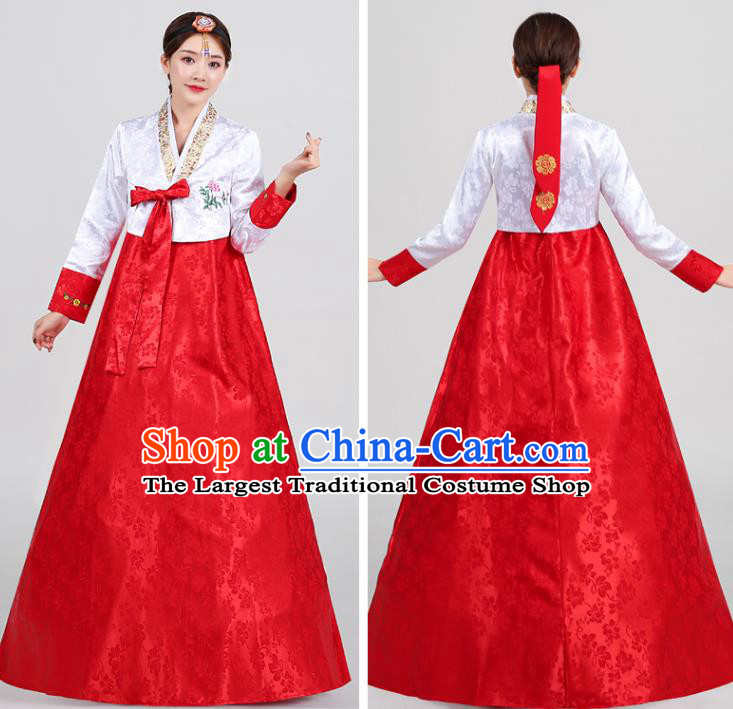 Korean Traditional Wedding Hanbok Uniforms Dance Clothing Ancient Court Garment Costumes Asian Korea Embroidered White Blouse and Red Dress
