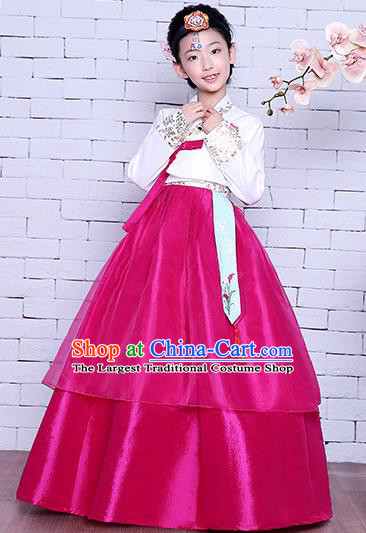 Korean Children Court Garment Costumes Asian Traditional Hanbok Clothing Korea Girl Princess Embroidered White Blouse and Rosy Dress