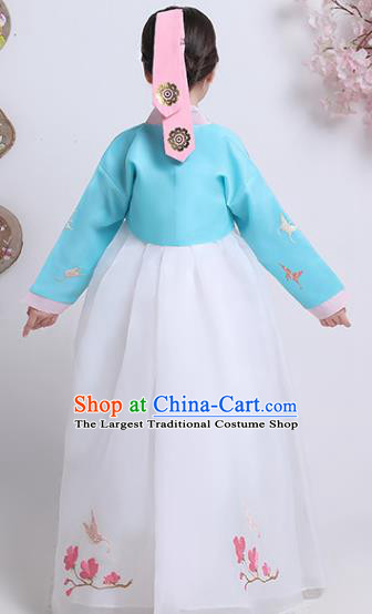 Asian Traditional Girl Hanbok Clothing Korean Court Princess Garment Costumes Korea Children Embroidered Blue Blouse and White Dress