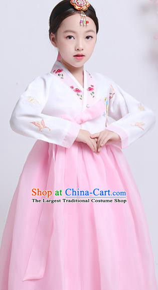 Asian Korea Children Embroidered White Blouse and Pink Dress Korean Traditional Girl Hanbok Clothing Court Princess Garment Costumes
