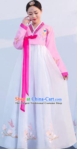 Korea Ancient Court Dance Clothing Asian Embroidered Pink Blouse and White Dress Korean Traditional Hanbok Uniforms