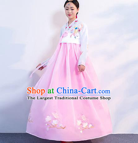 Korea Traditional Embroidered White Blouse and Pink Dress Asian Korean Hanbok Uniforms Ancient Court Dance Clothing
