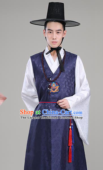 Korean Prince Wedding Costumes Traditional Male Hanbok Suits Korea Court Clothing Navy Long Vest White Shirt and Pants