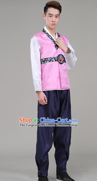 Korea Traditional Male Wedding Hanbok Suits Court Clothing Korean Prince Pink Vest White Shirt and Navy Pants Costumes